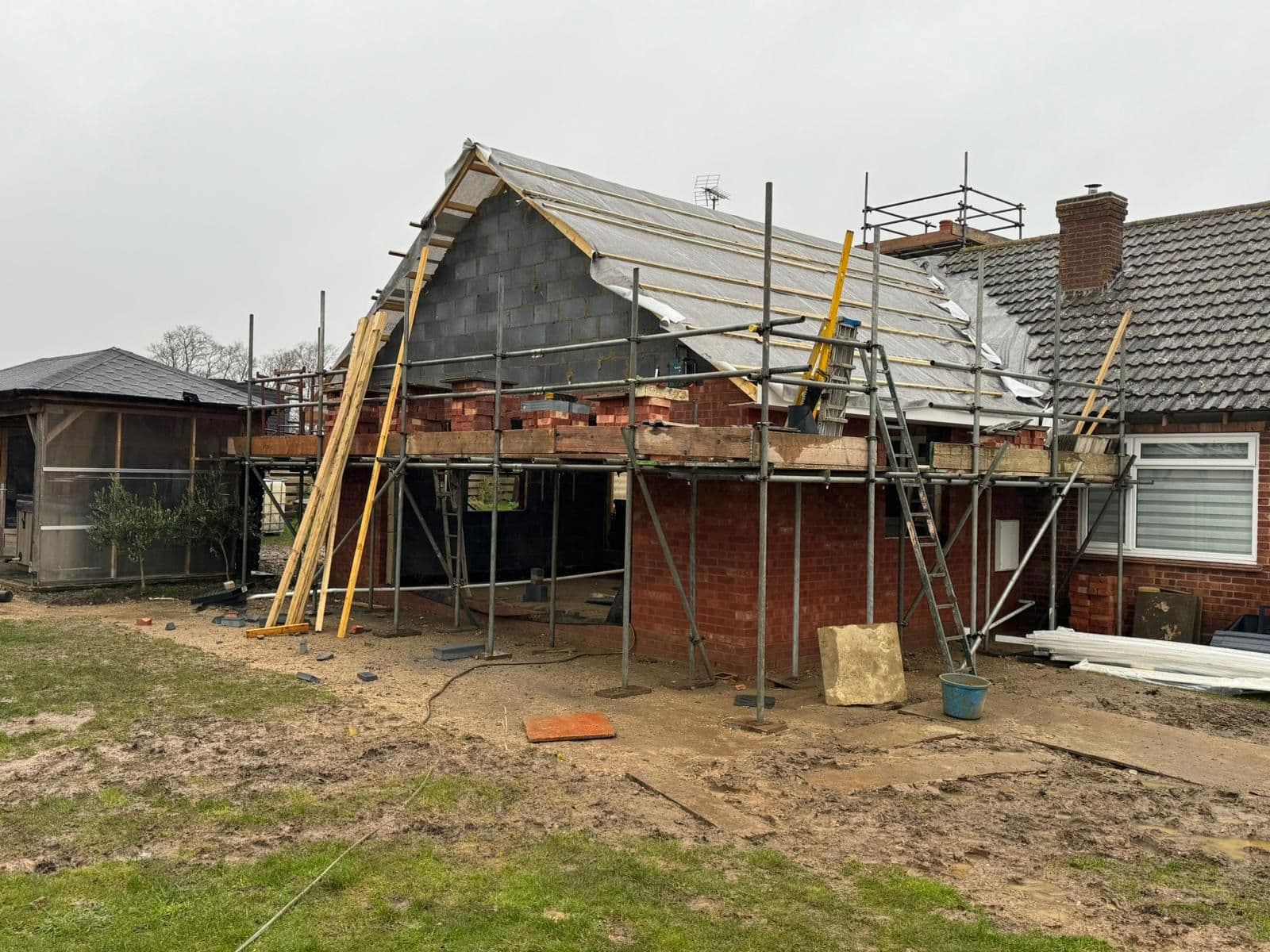 Extension taking shape - blockwork gable and scaffold